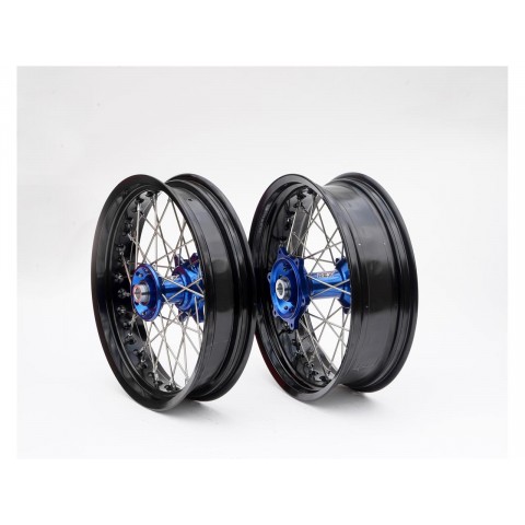 Kit roues complètes avant + arrière ART SM 17x3,50/17x4,50 jante noir/moyeu bleu Yamaha