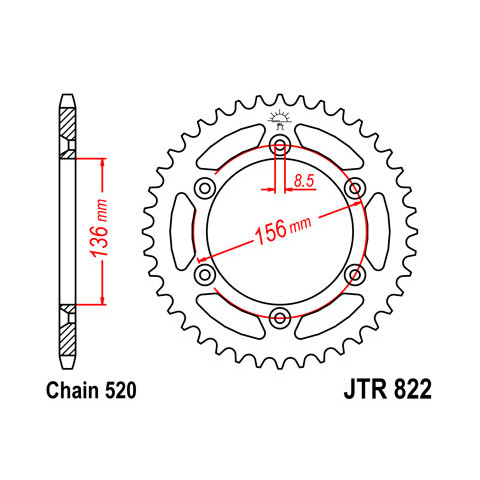 Couronne JT SPROCKETS 53 dents acier pas 520 type 822 Husqvarna TC449